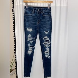 American Eagle super high rise jeggings women’s 2 super stretch denim patched